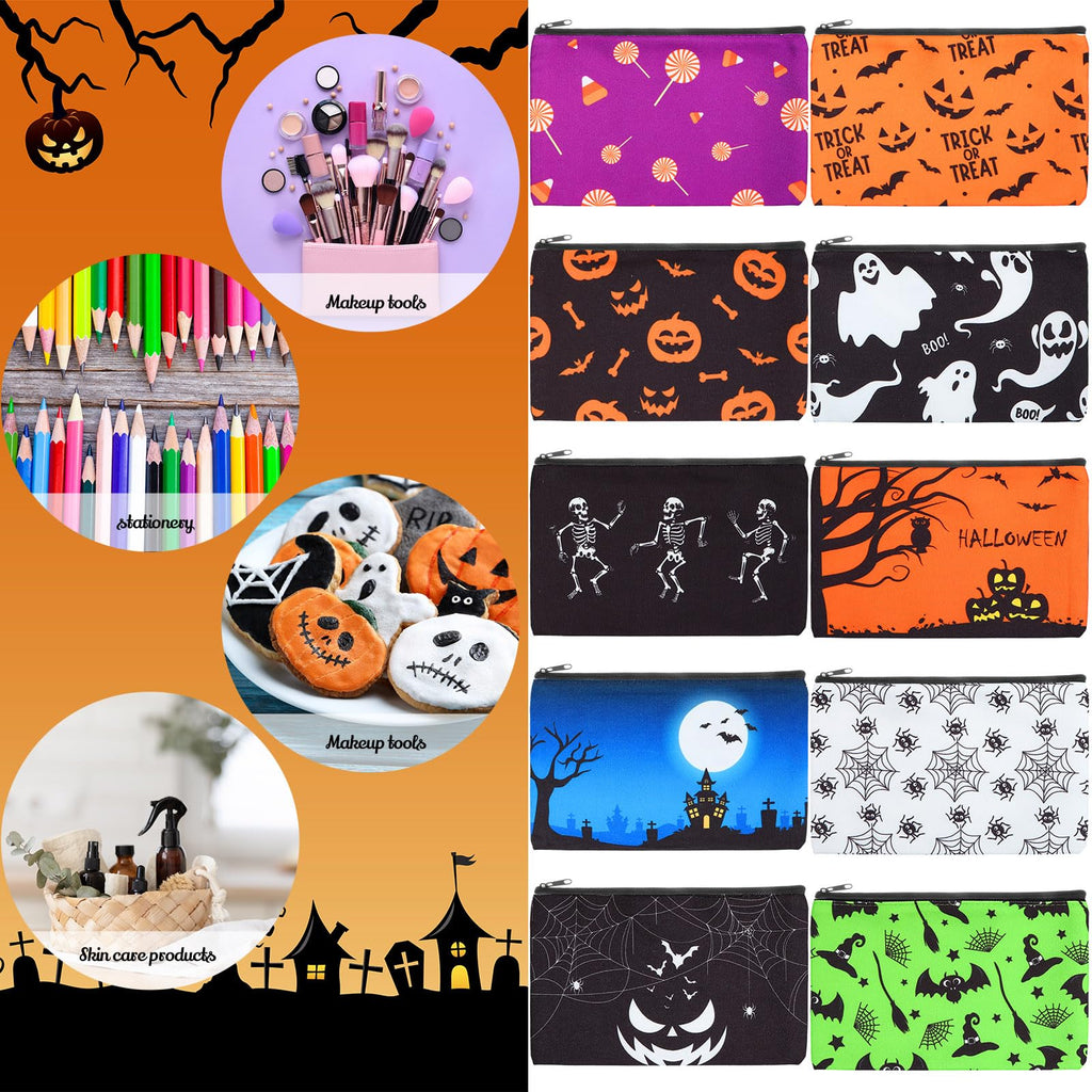 Eccliy 20 Pcs Halloween Makeup Bag Scary Ghost Bat Skull Cosmetic Bag Canvas Gifts for Girls Toiletry Pouch with Zipper for Wome