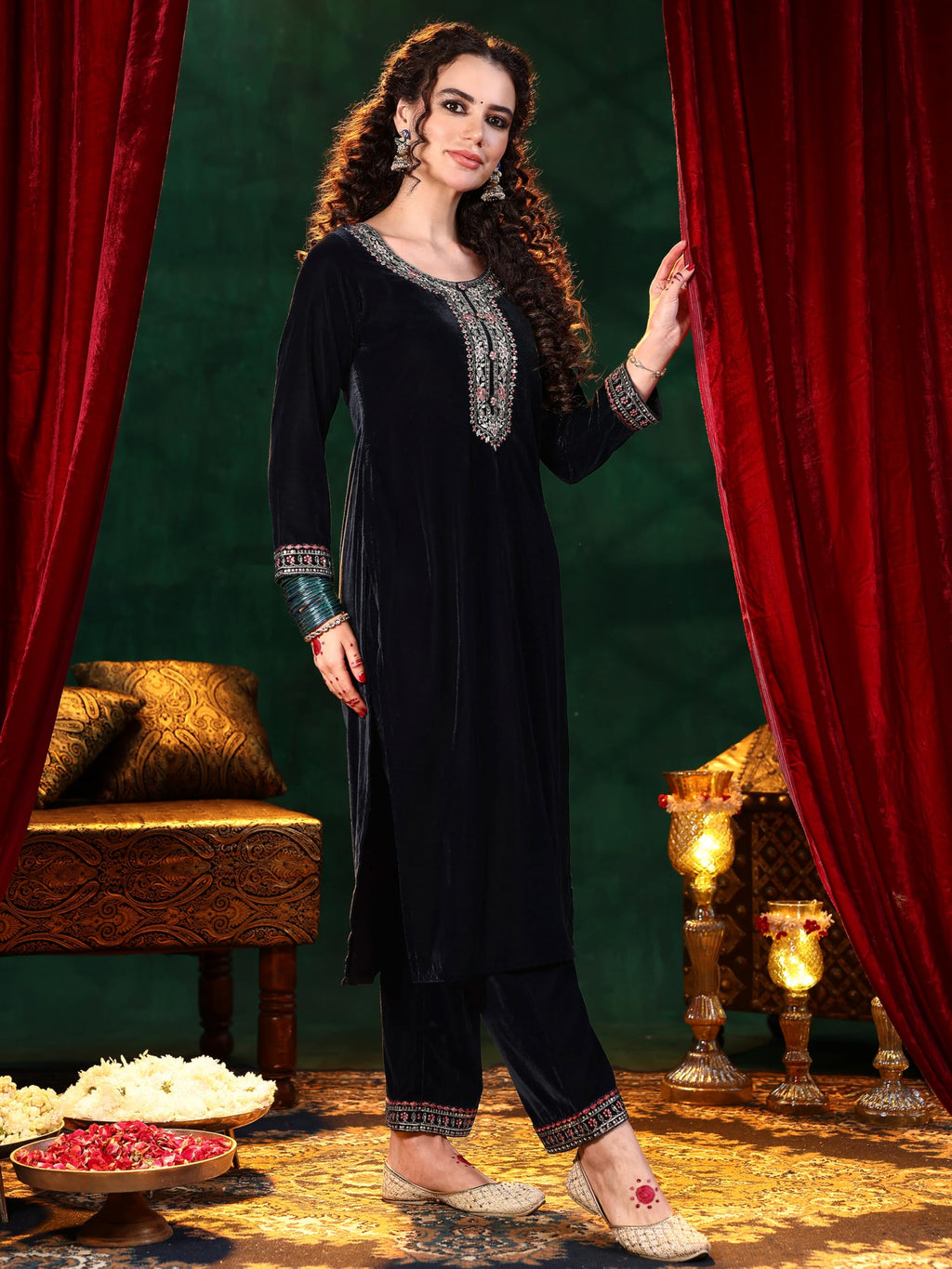 Libas Womens Yoke Design Velvet Straight Kurta With Trousers And Dupatta