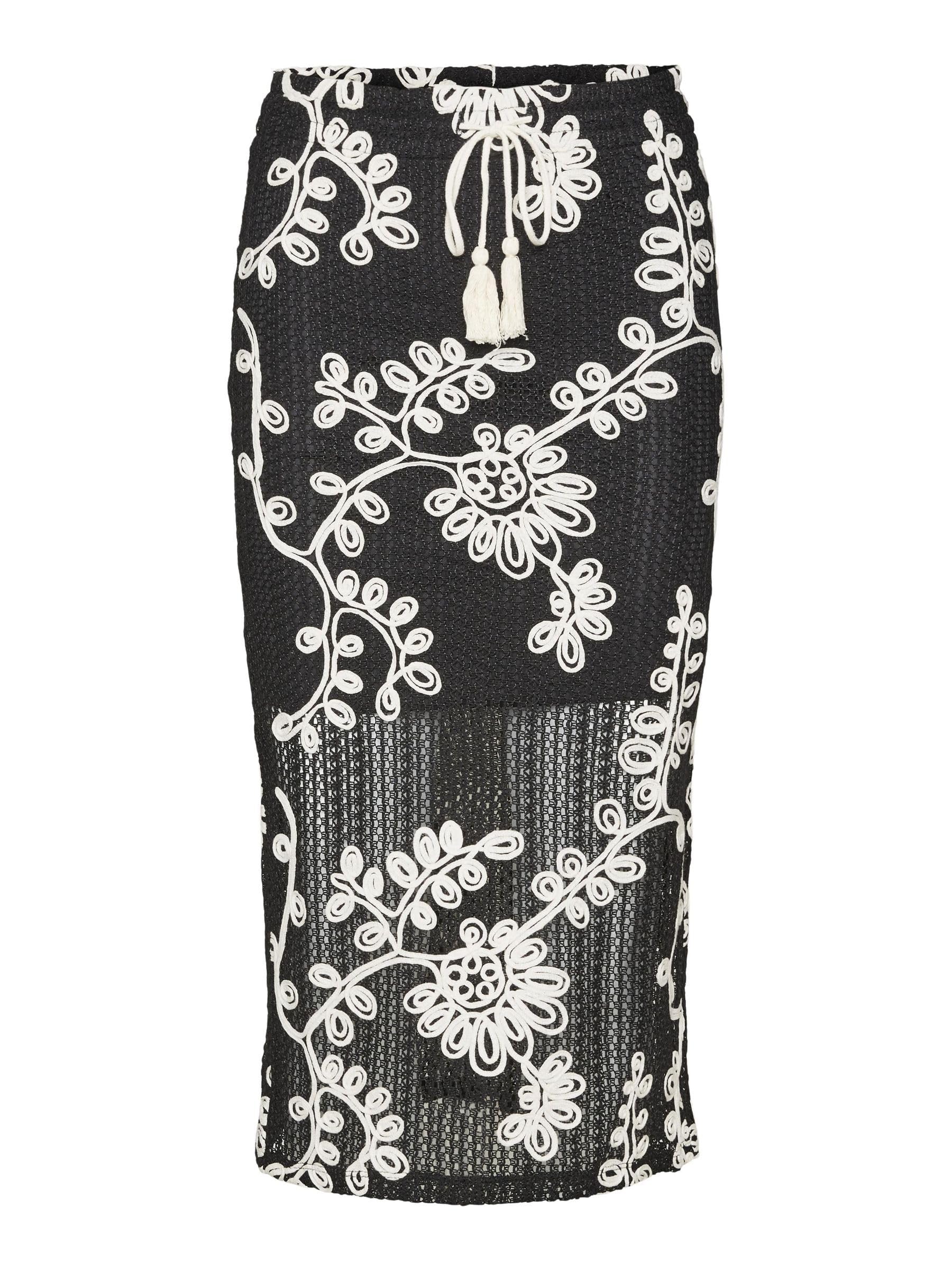 Vero Moda Women Embroidered Black Polyester Straight Fit High Rise Midi Length Skirt