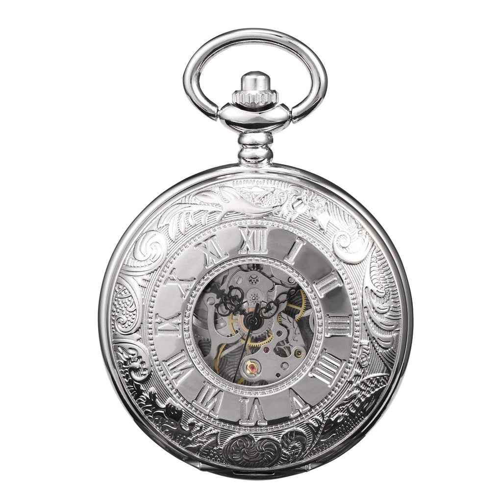 TREEWETO Men's Women's Pocket Watch Steampunk Skeleton Mechanical Silver Fob Retro Watches Double Case