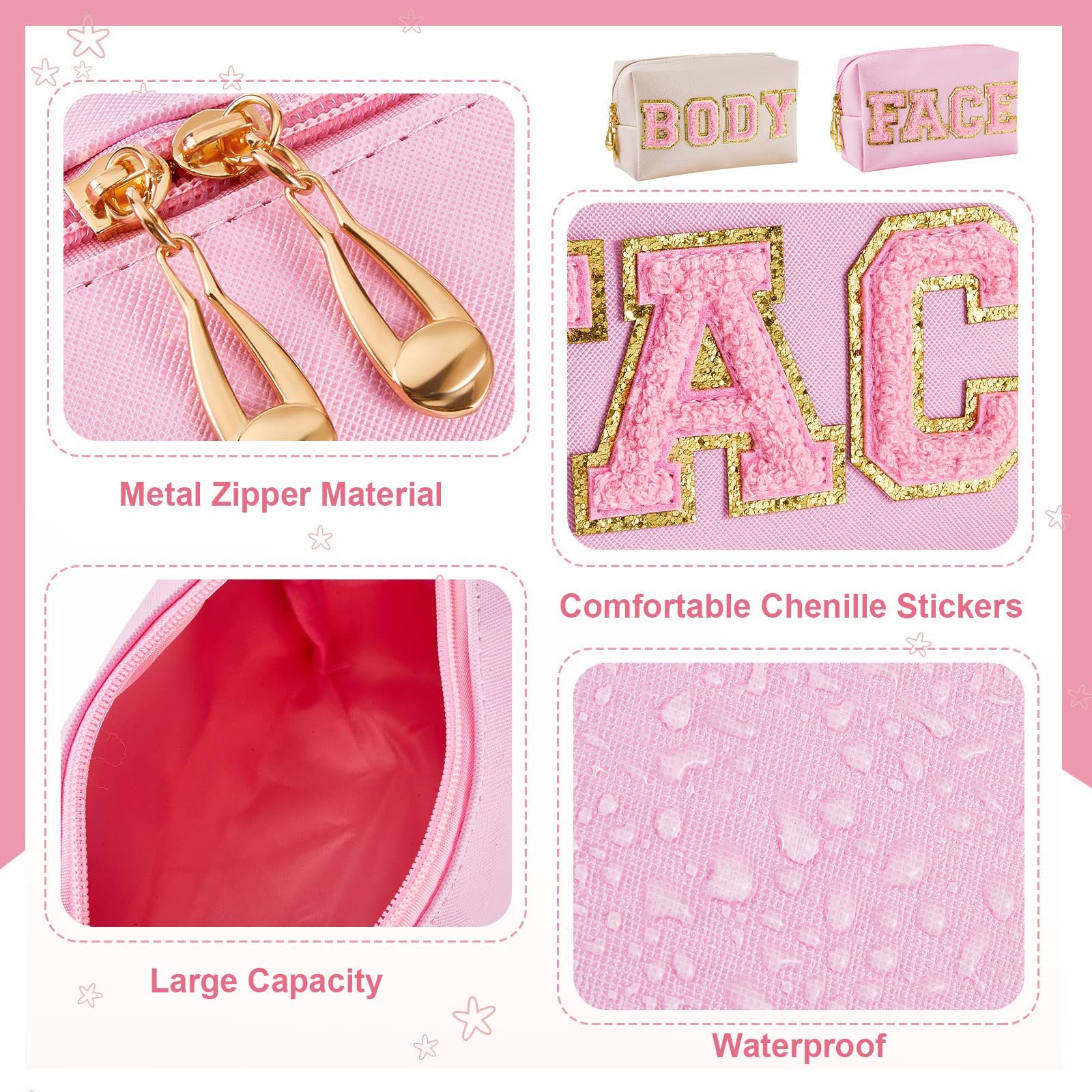 Patelai 2 Pcs Preppy Makeup Bags Chenille Letter Patch Bag Face Skin Hair Stuff Aesthetic Cosmetic Bag Travel Zipper Pouch Makeu