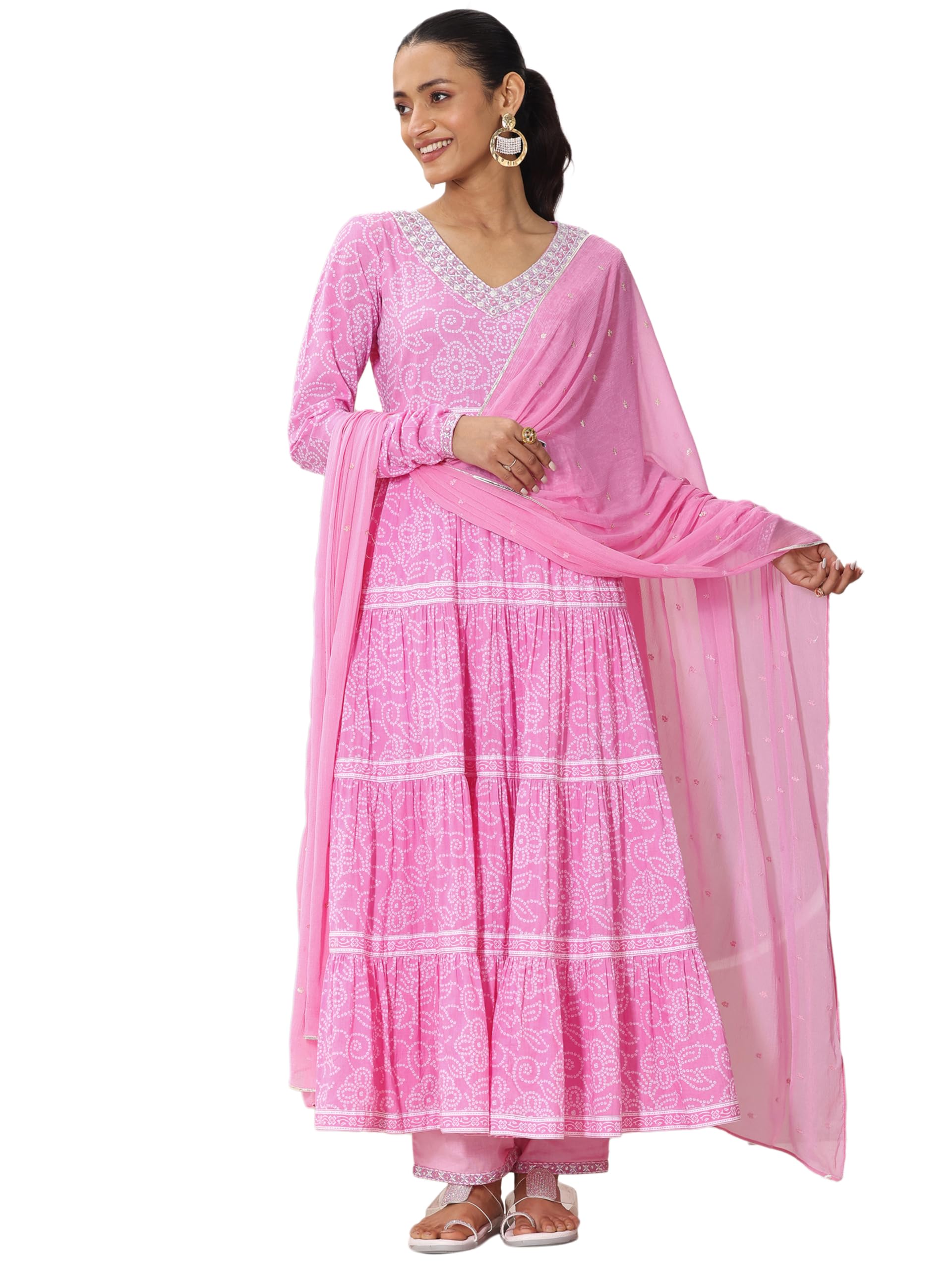 Libas Pink Printed Anarkali Kurta Set For Women