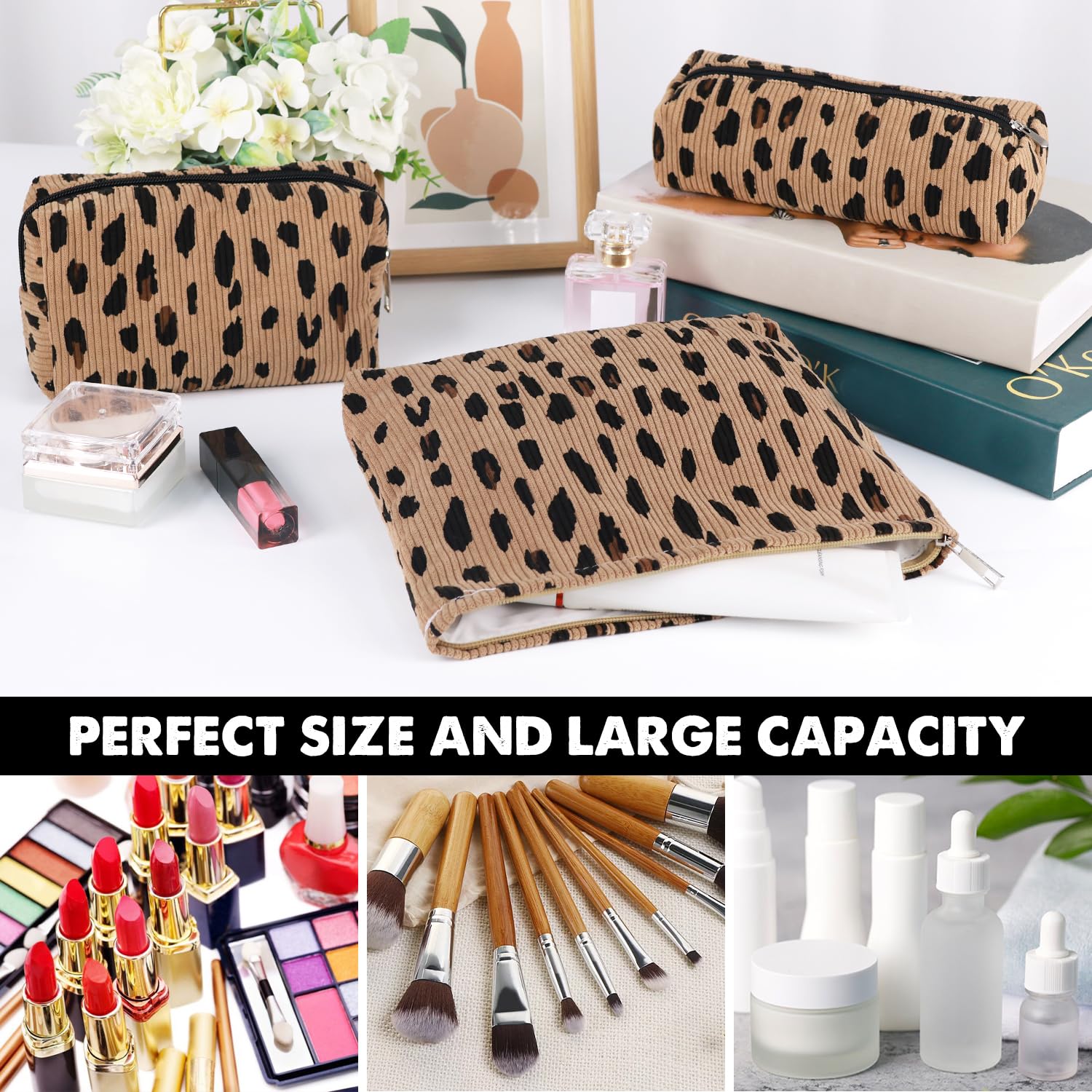 Gocvo 3 Pcs Makeup Bag Cosmetic Bag Set for Girls Women Travel Organizer Bathroom Toiletry Pouch Large Capacity Storage Bag (Leo