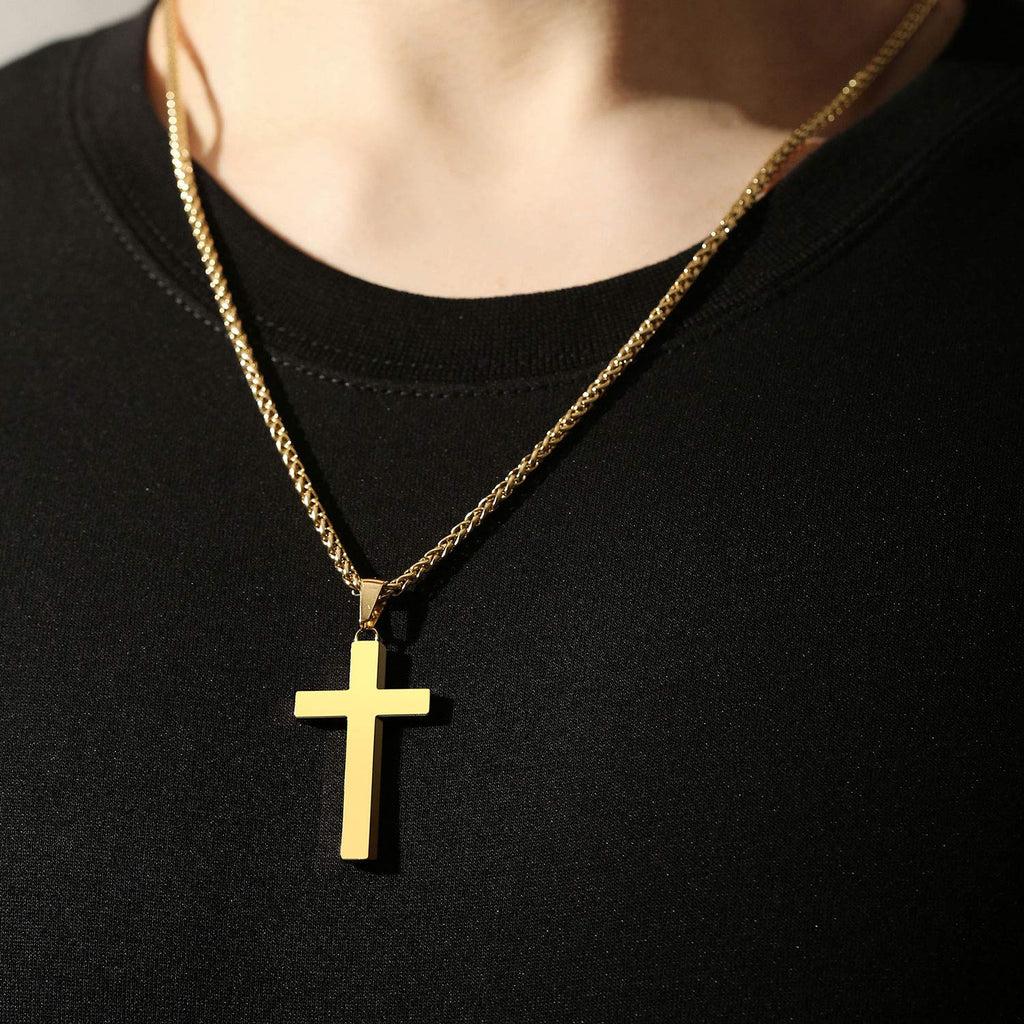 P. BLAKE Gold Cross Necklace for Men Boys, Stainless Steel Cross Pendant Chain Christian Religious Jewelry Valentine Christmas G