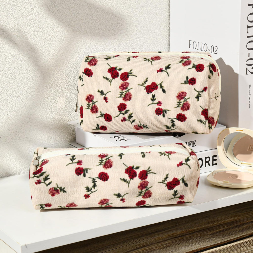SOIDRAM Makeup Bag Floral Cosmetic Bag Cute Makeup Pouch 1Pcs Large Capacity Makeup Bags and 1Pcs Makeup Brushes Storage Bag Tra
