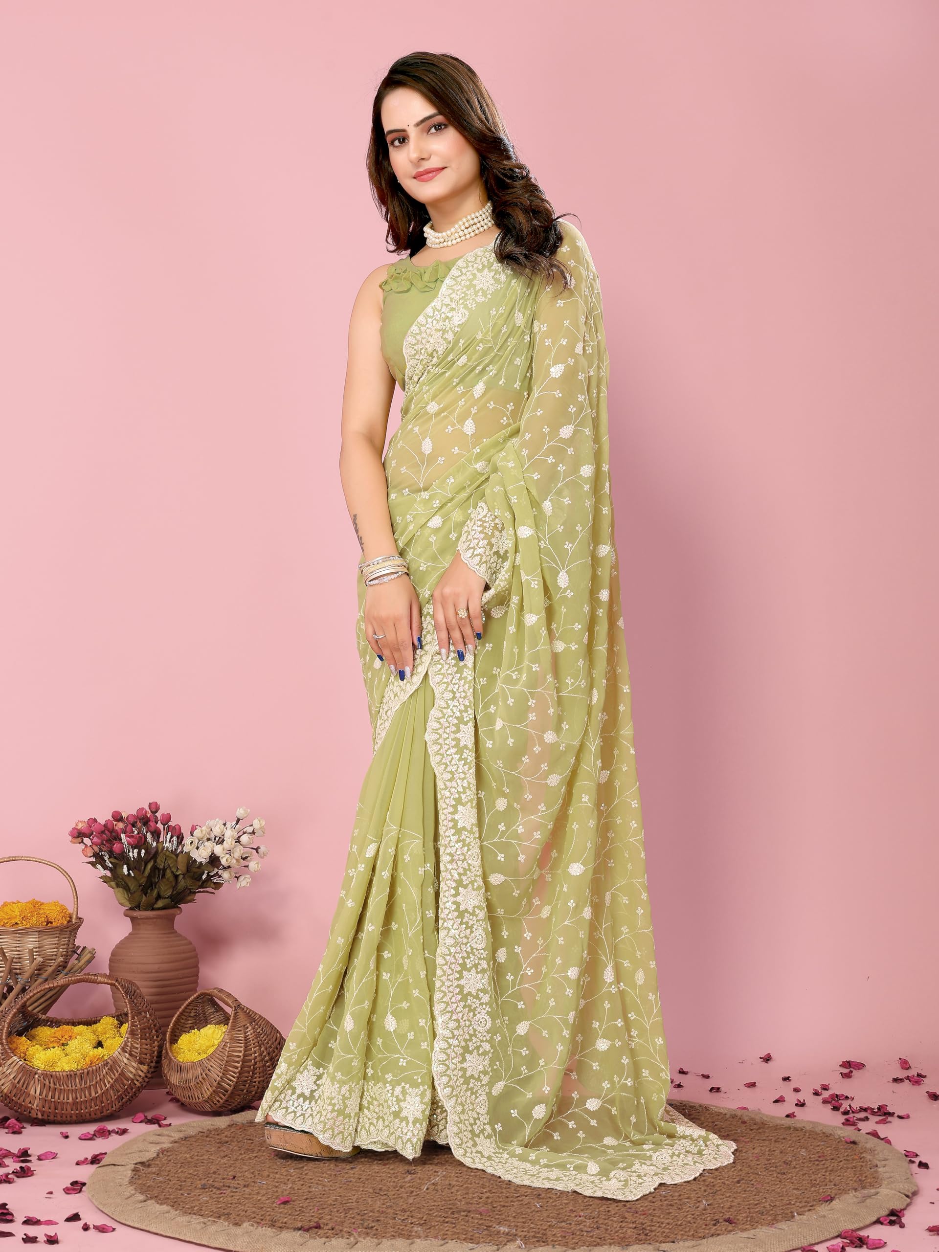 Vairagee Women Soft Georgette Emroidery Saree With Sequence Work Unstitched Blouse (6246)