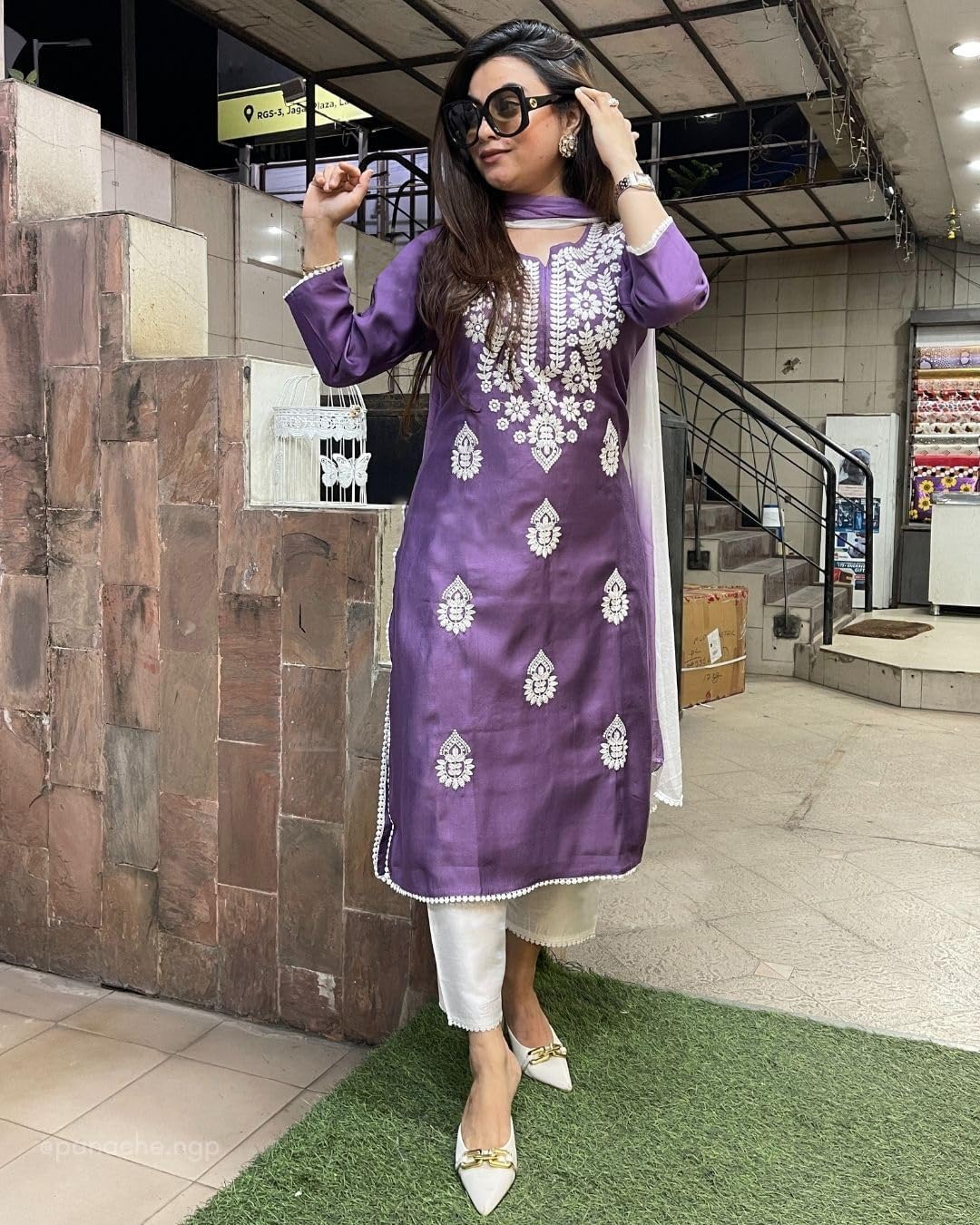 ANNI DESIGNER Women s Printed Rayon Blend Kurta with Pants and Dupatta, purple, XL
