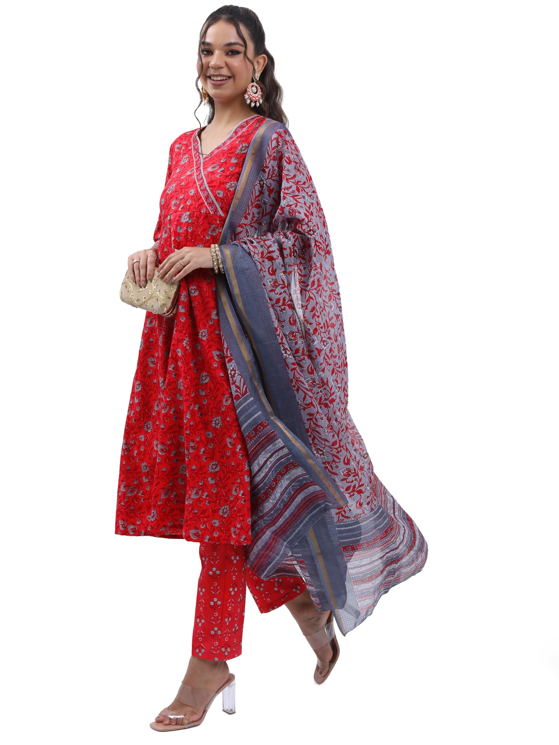 Ketch Women Polyester Ethnic Kurta Palazzo With Dupatta Set (Khk3000988_Red, Large)