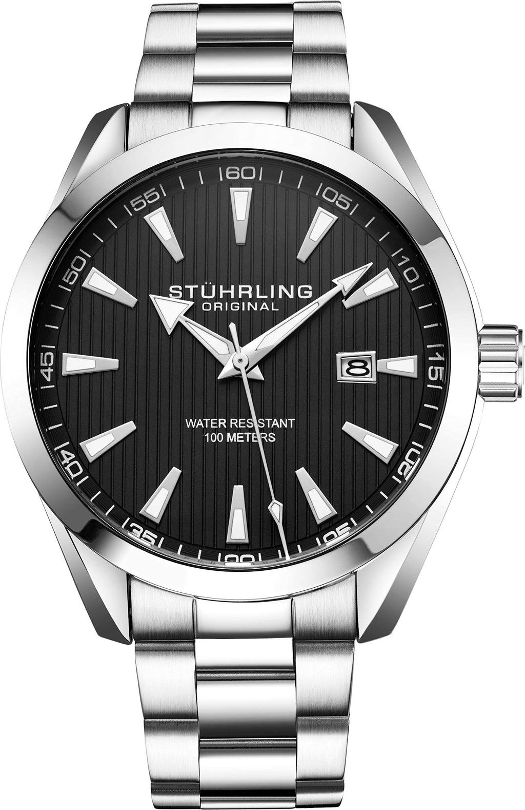 Stuhrling Original Mens Black Watch Analog Dial with Date - Stainless Steel Silver Bracelet, 3953 Mens Watches Collection