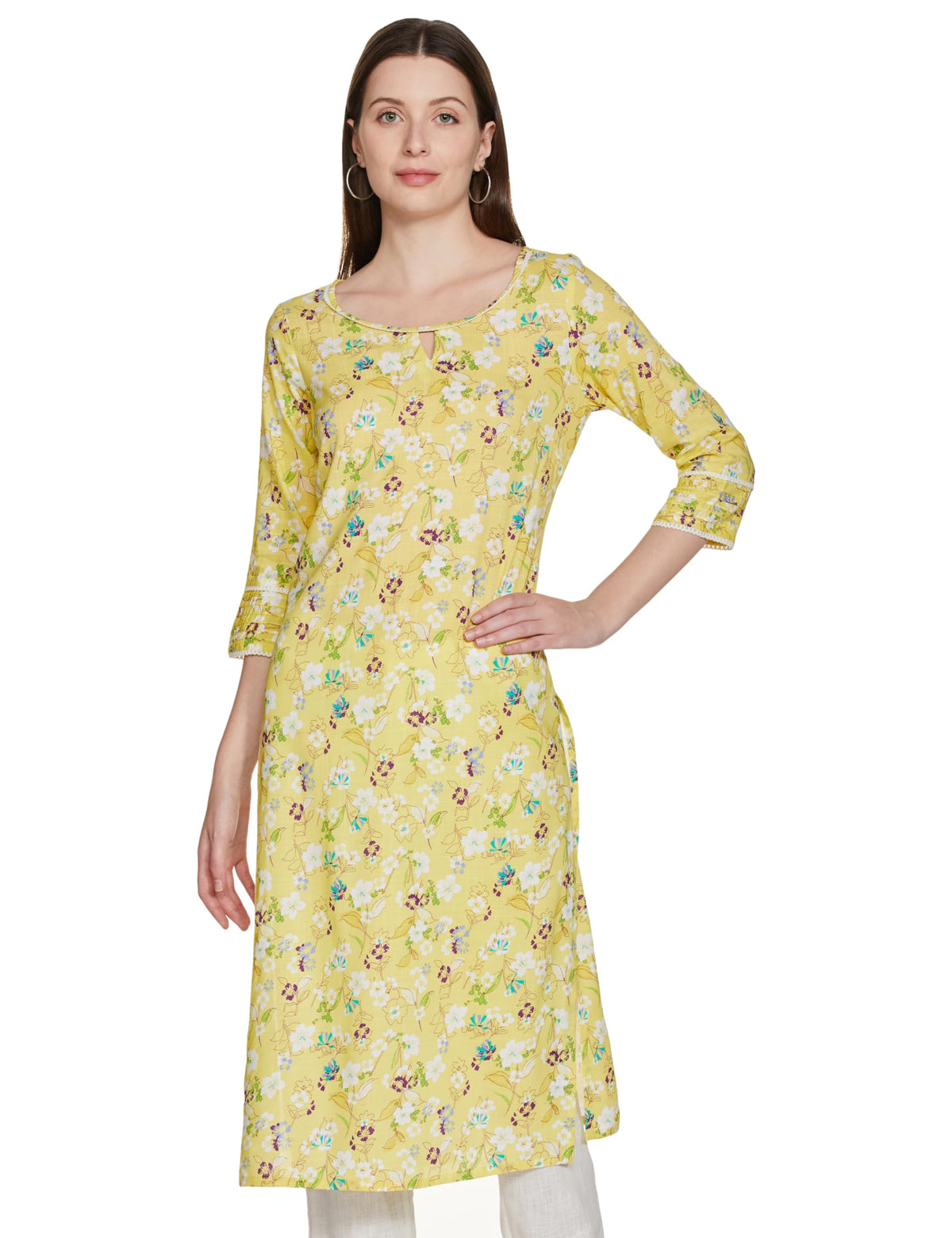 Aurelia Womens Viscose Floral Regular Kurta (23FEA14102-507154_Yellow_XS