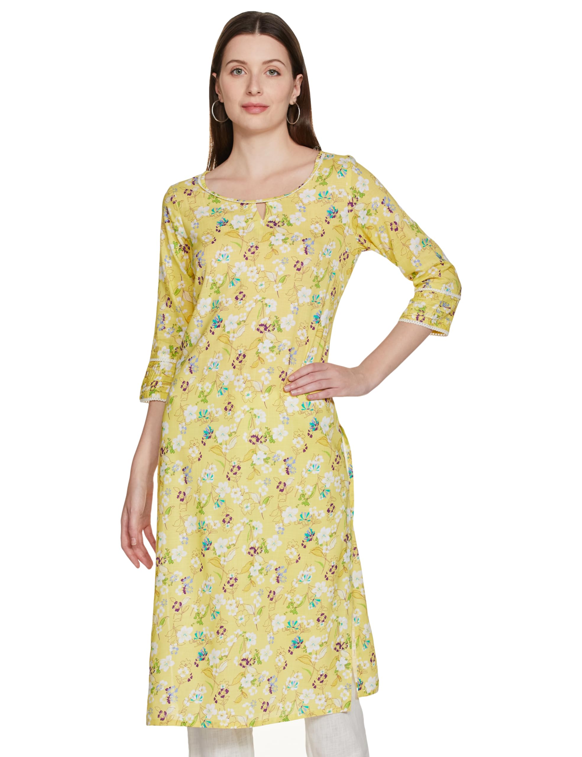Aurelia WomenS Viscose Floral Regular Kurta (23Fea14102-507154_Yellow_L