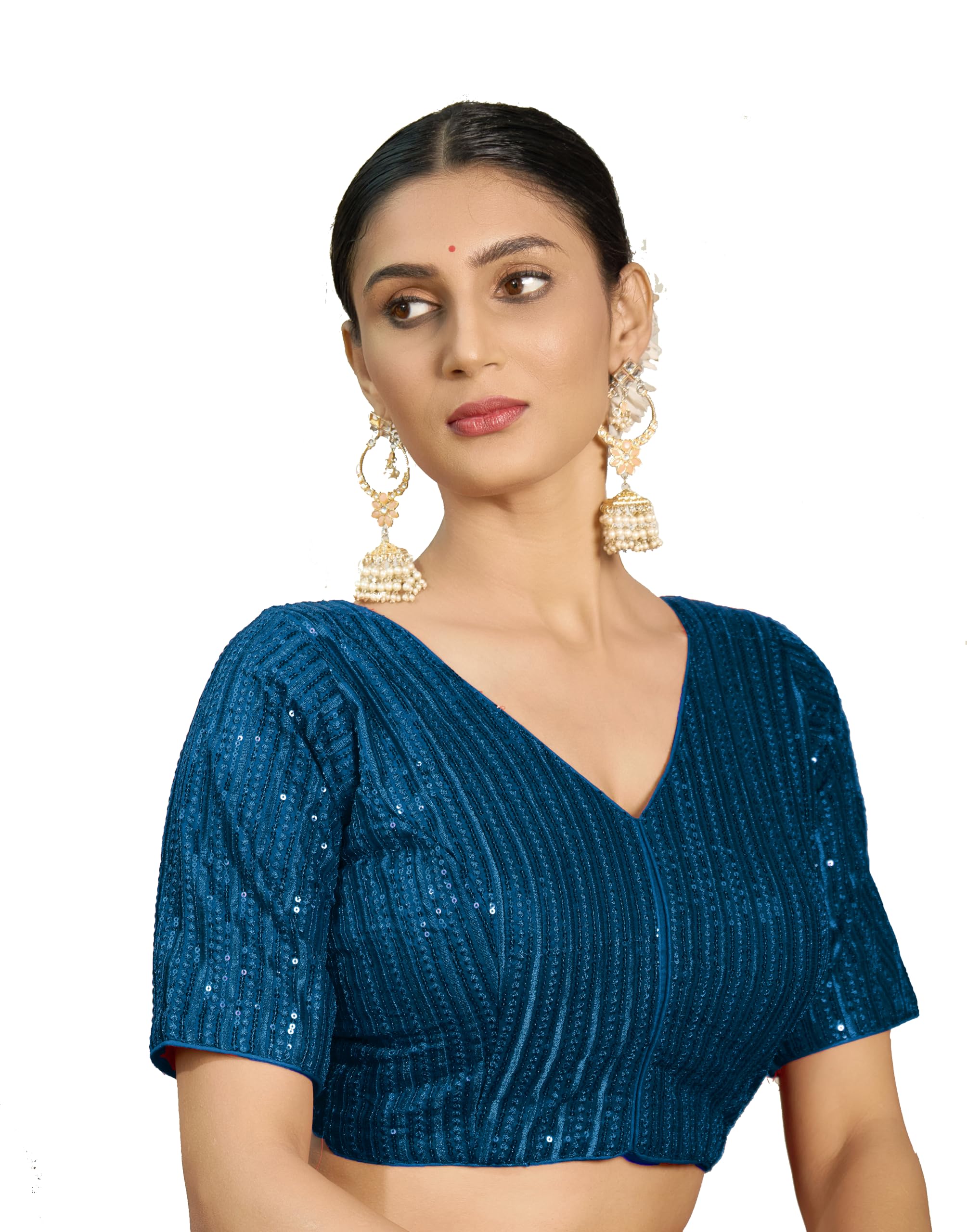 Pujia Mills WomenS Indian Ethnic Wear Designer Silver Sequence With Matching Embroidered Work V Neck Half Sleeve Readymade Padd