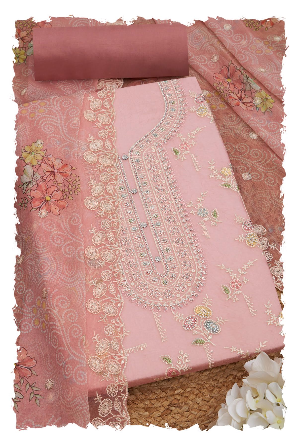 Soch Women Crushed Silk Floral Print Unstitched Dress Material with Work