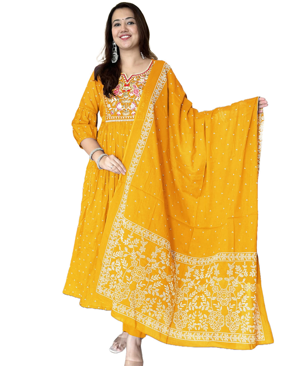 ANNI DESIGNER Womens Rayon Viscose Embroidered Anarkali Kurta with Pant & Dupatta (Kanota Yellow-VKS05_S_Yellow_Small)