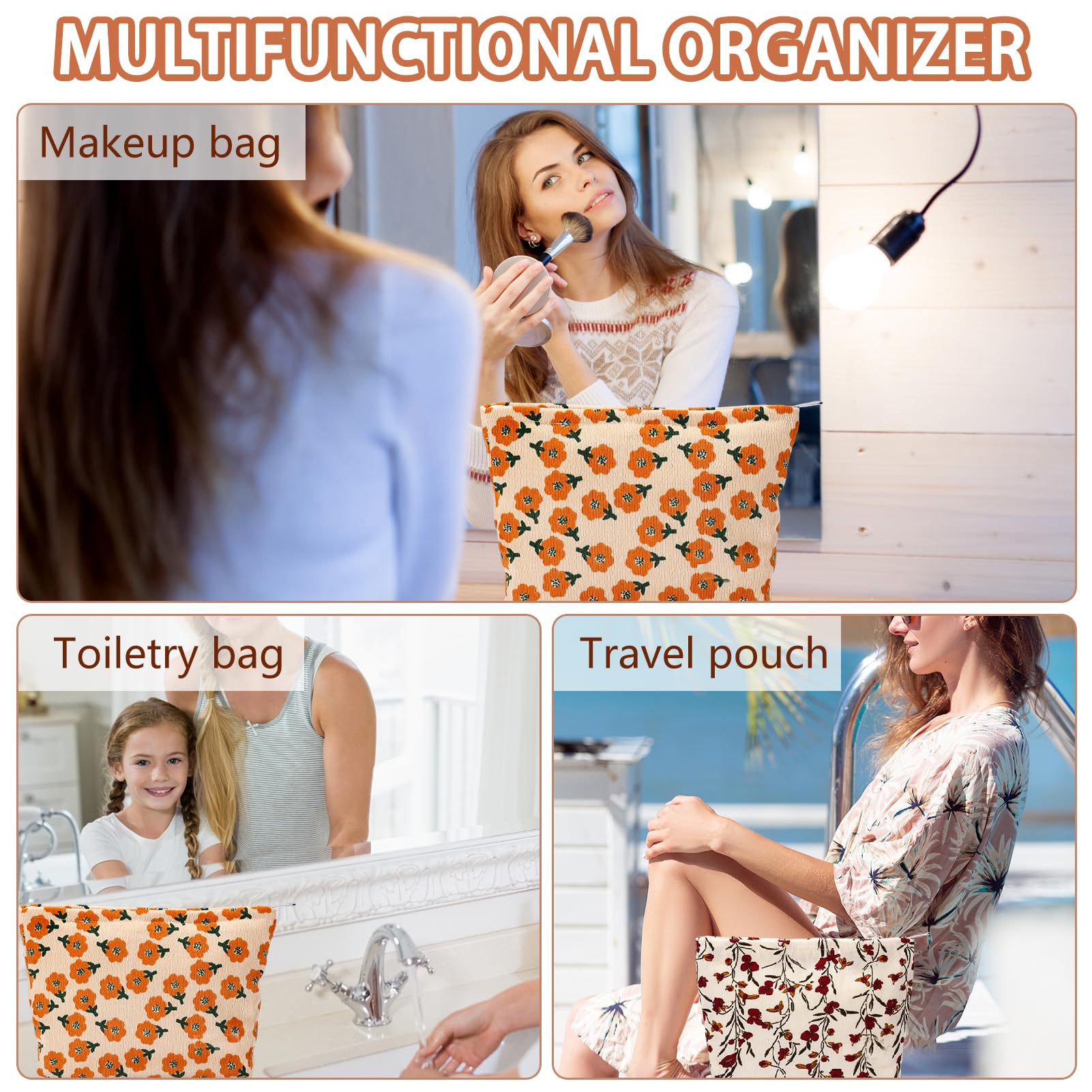 ZLFSRQ 2Pcs Daisy Flower Makeup Bag Travel Cute Cosmetic Bags for Women Large Floral Makeup Pouch Zipper Cosmetic Pouch Set for