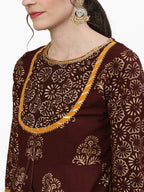 Ishin Women'S Cotton Brown Embellished Peplum Kurta Sharara Dupatta Set