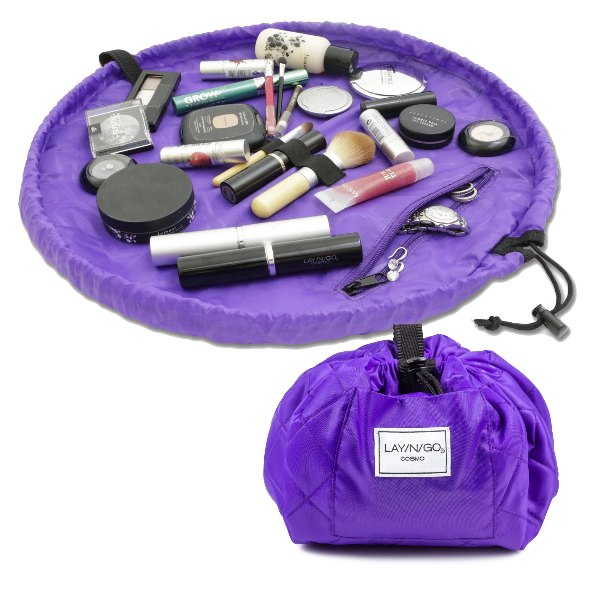 Lay-n-Go Cosmo Drawstring Makeup Bag Organizer, Water-Resistant Cosmetic Pouch for Travel, Stylish & Durable Toiletry Bag, Machi