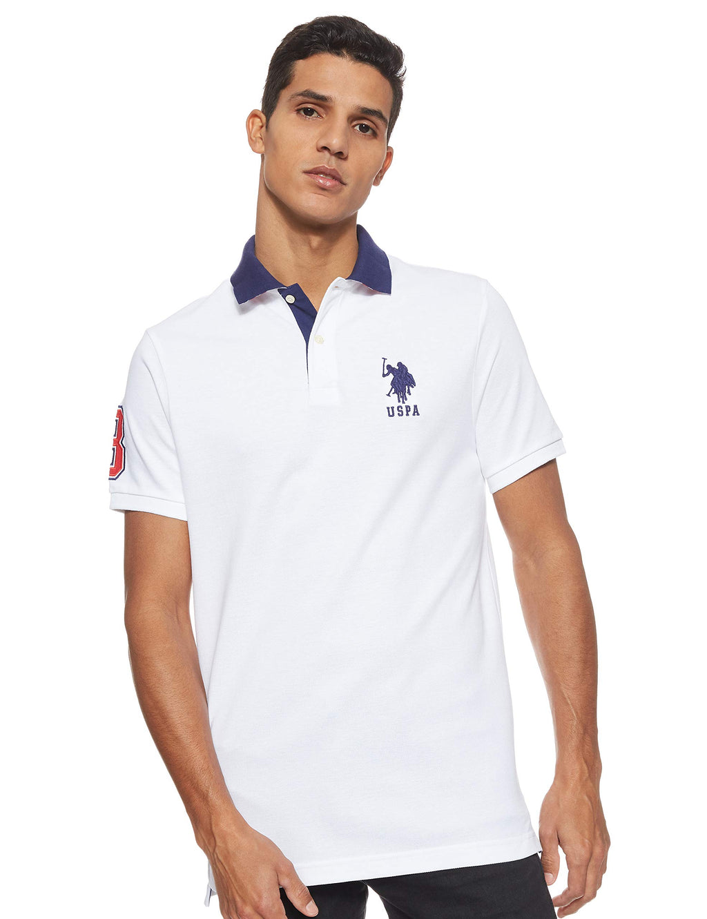 U.S. Polo Assn. Men's Slim Fit Pique Polo, White/Dodger Blue, Medium