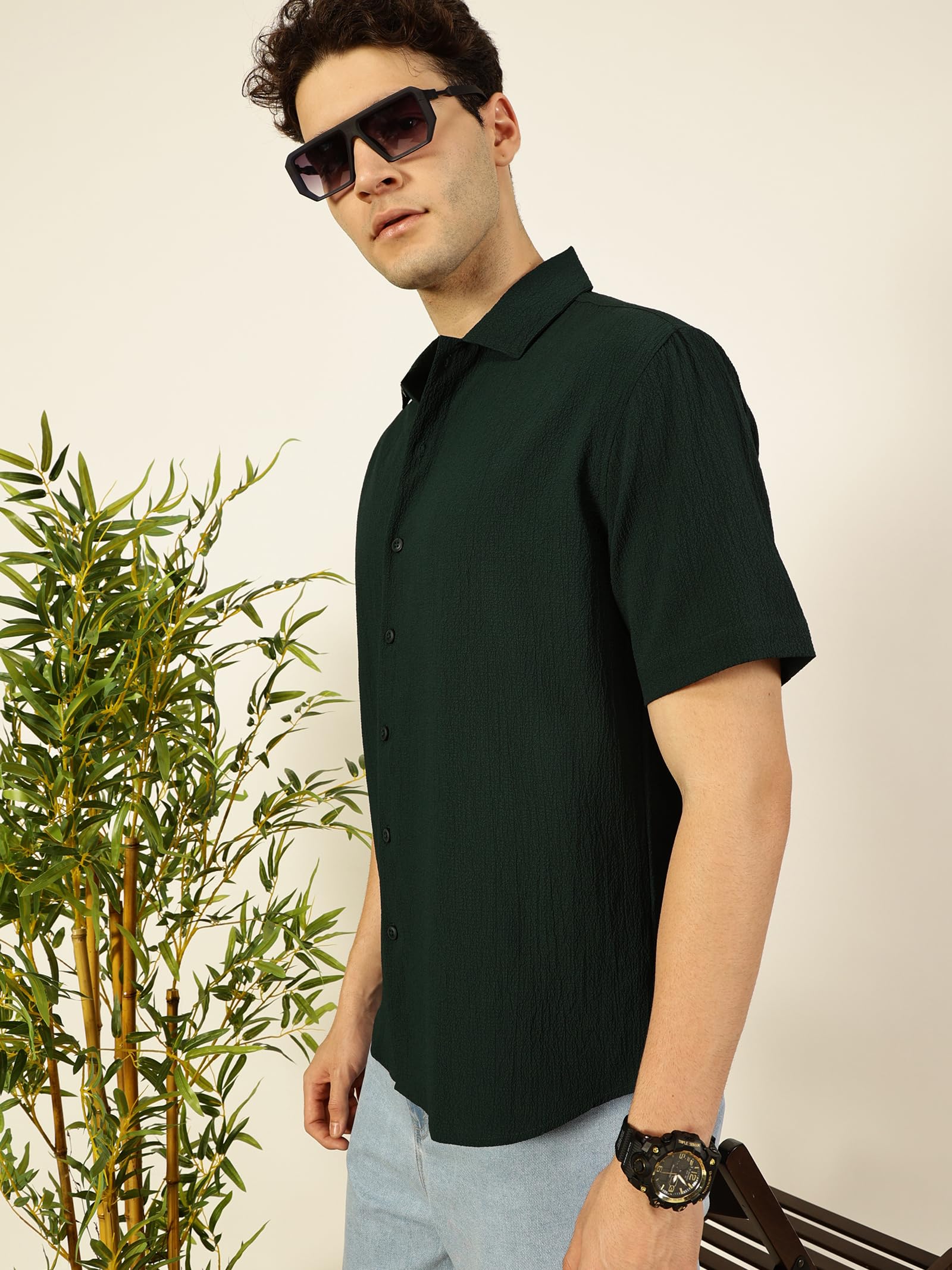 Thomas Scott Regular Fit Self Design Textured Cuban Collar Casual Shirt for Mens Bottle Green
