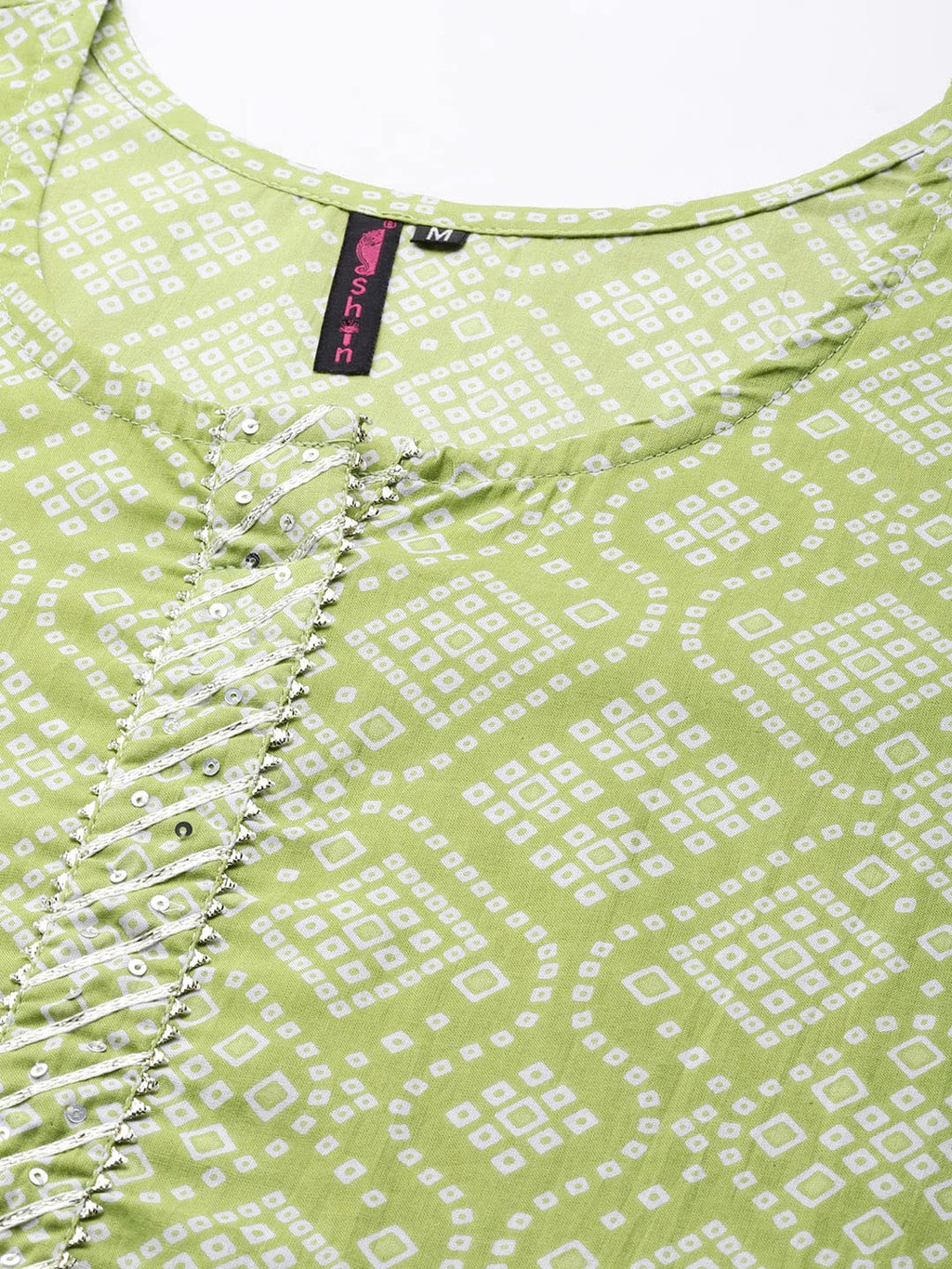 Ishin Women'S Cotton Blend Green Bandhani Printed A-Line Kurta