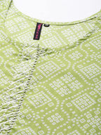 Ishin Women'S Cotton Blend Green Bandhani Printed A-Line Kurta