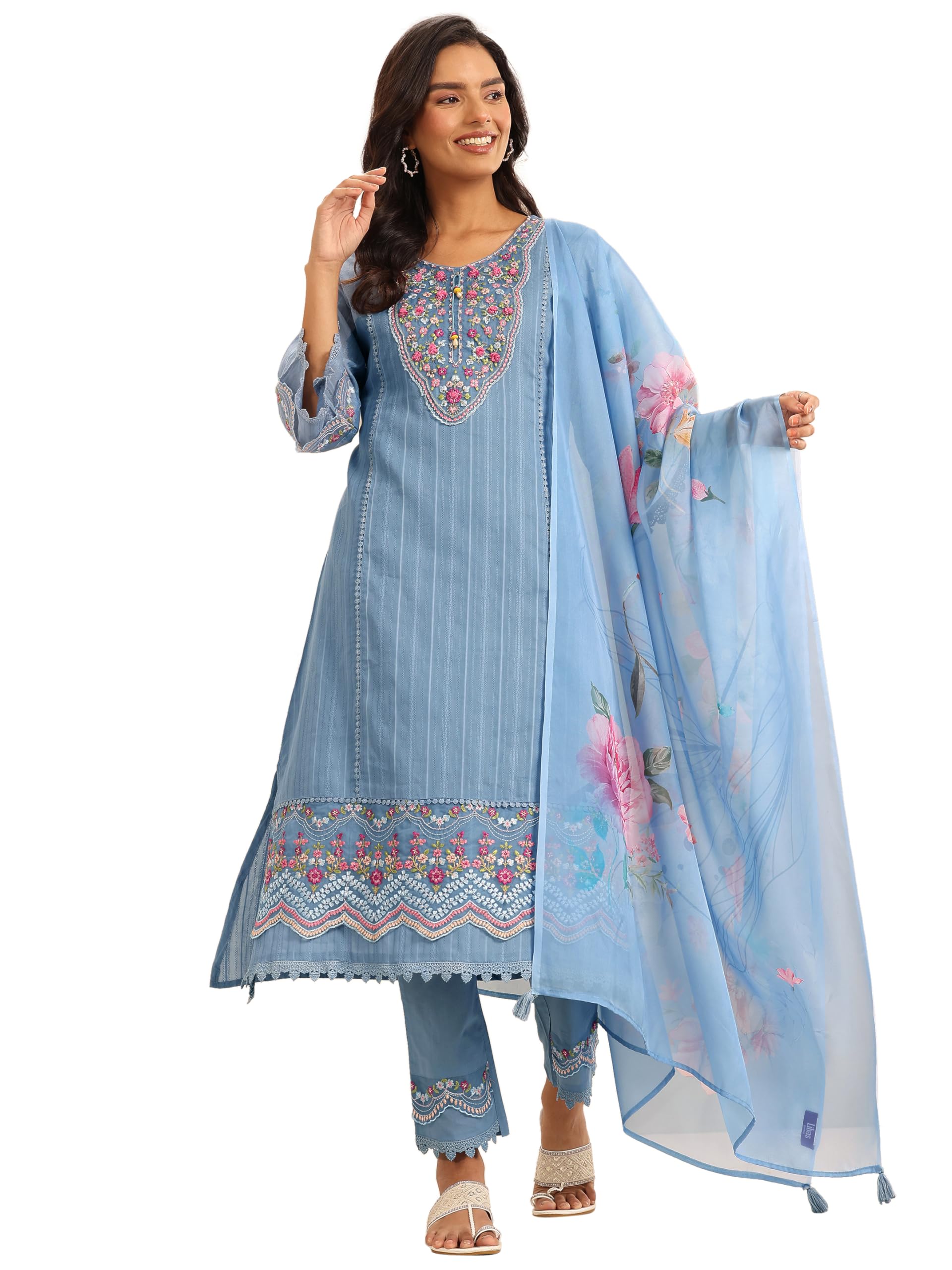 Libas Womens Embroidered Cotton Blend A-Line Kurta With Trousers And Dupatta