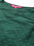 Varanga Women Green All Over Golden Buti, Sleeveless Straight Kurta Paired With Tonal Bottom And Dotted Dupatta With Four Sided