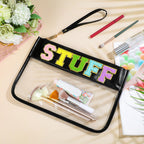 Sanwuta Chenille Letter Clear Zipper Pouch, 2Pcs Set, Classic Stuff Snacks, PU Leather, Transparent Travel Patch Pouch for Cosme