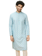 Manyavar MenS Blue Blended Cotton Printed Kurta Pyjama Set