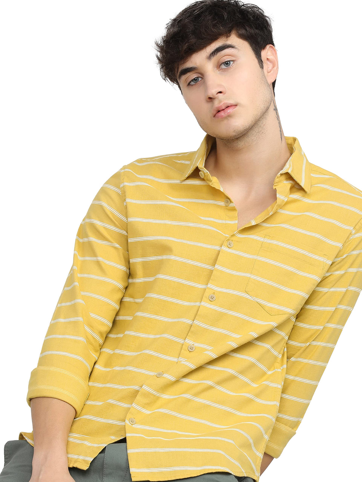 Ketch Cotton MenS Letter Print Straight Fit Shirt (Khsh000400_Mustard/White S)