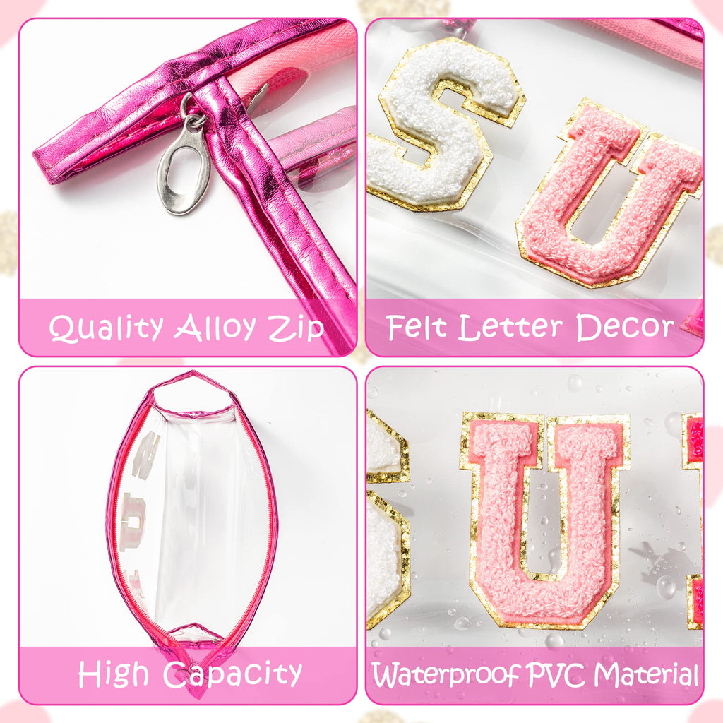 Y1tvei Preppy Patch SUN Varsity Letter Cosmetic Toiletry Bag Transparent PVC Zipper Makeup Bag Clutch Purse Portable Waterproof