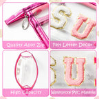Y1tvei Preppy Patch SUN Varsity Letter Cosmetic Toiletry Bag Transparent PVC Zipper Makeup Bag Clutch Purse Portable Waterproof
