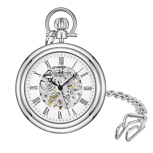 Stuhrling Original Mens Vintage Mechanical Pocket Watch - Stainless Steel Pocket Watch with Chain Analog Skeleton Watch Hand Win