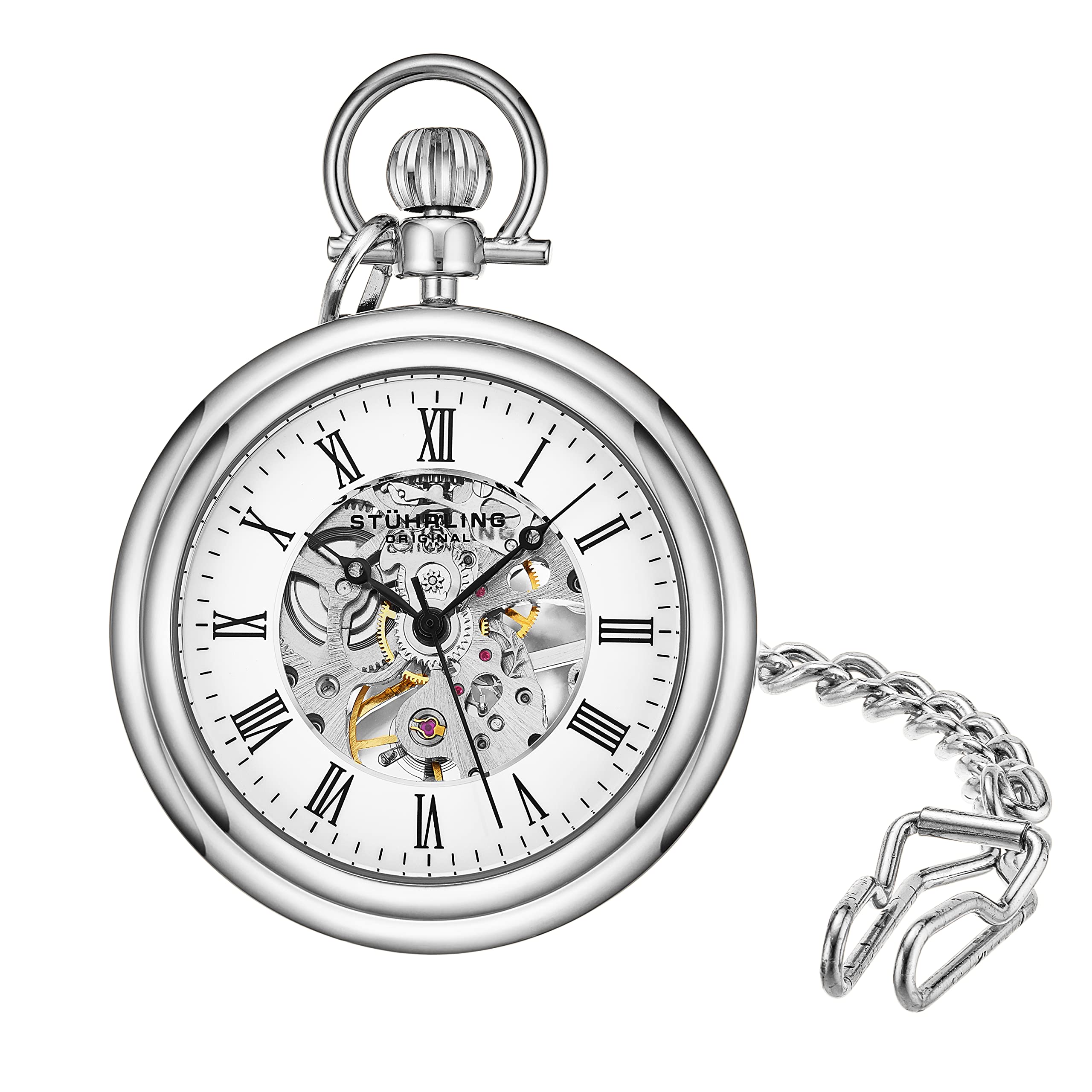 Stuhrling Original Mens Vintage Mechanical Pocket Watch - Stainless Steel Pocket Watch with Chain Analog Skeleton Watch Hand Win