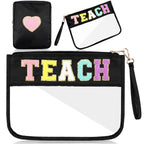 Hillban 2 Pcs Teacher Gifts Chenille Letter Bags Preppy Patch Makeup Bag Flat Clear Pouch PVC Organizer Purse Waterproof Travel 