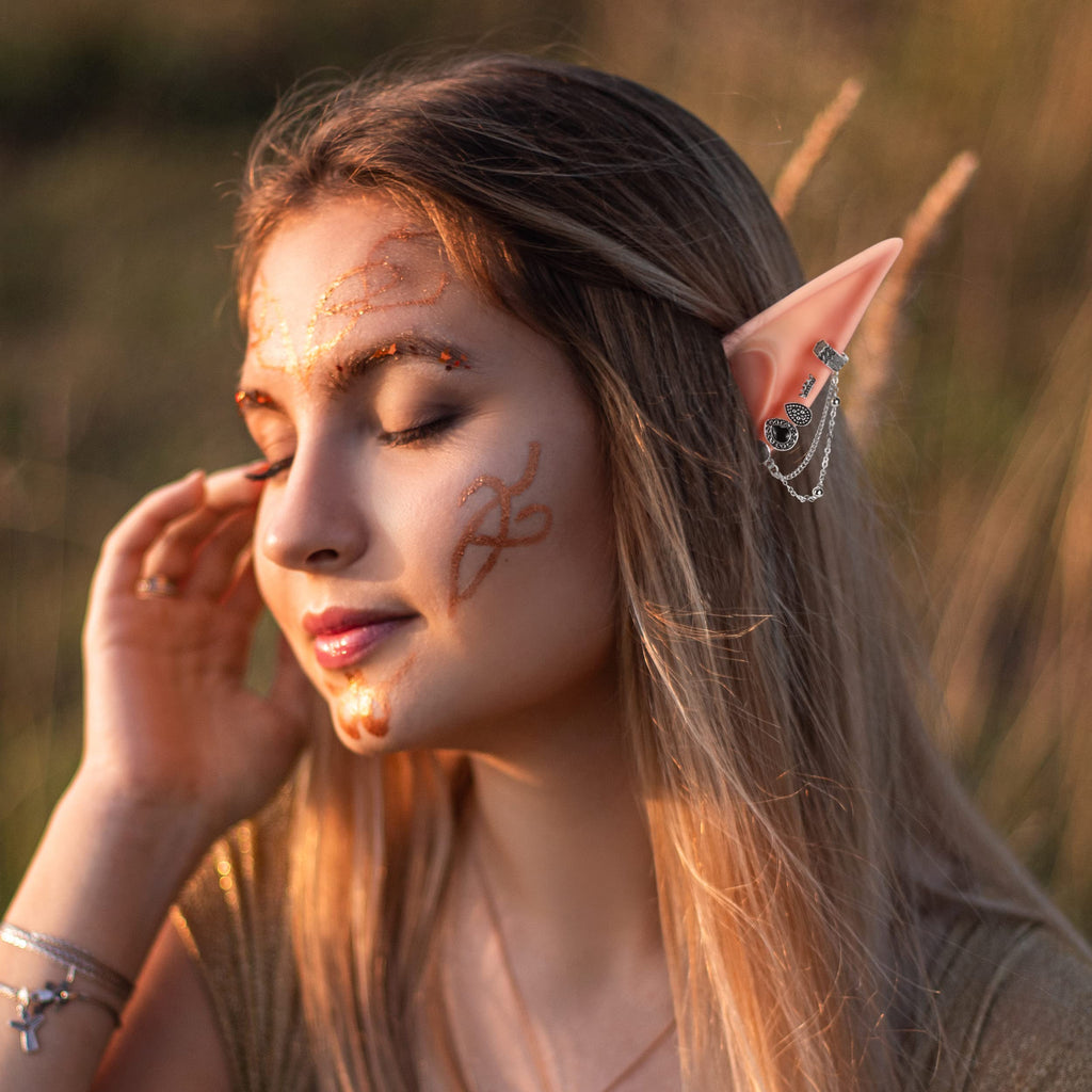 FRESHME Elf Ears with Piercing Cuff Earrings Set - Soft Cosplay Fairy Pixie Ears with Vintage Chain Earring Clips Christmas Rena