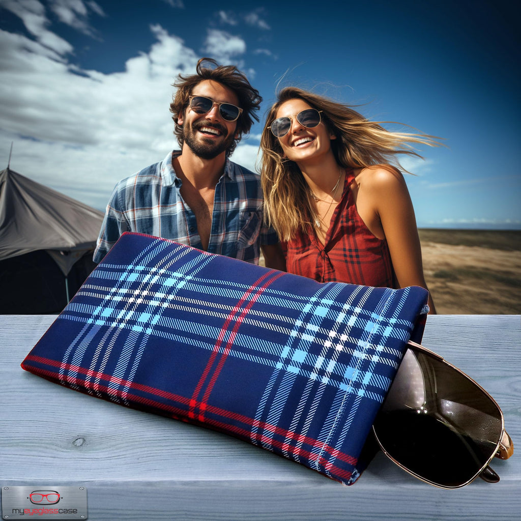 MyEyeglassCase Soft Sunglasses Case - Large Glasses Holder in Microfiber Plaid Print - XL Squeeze Top Eyeglass Pouch with Cloth