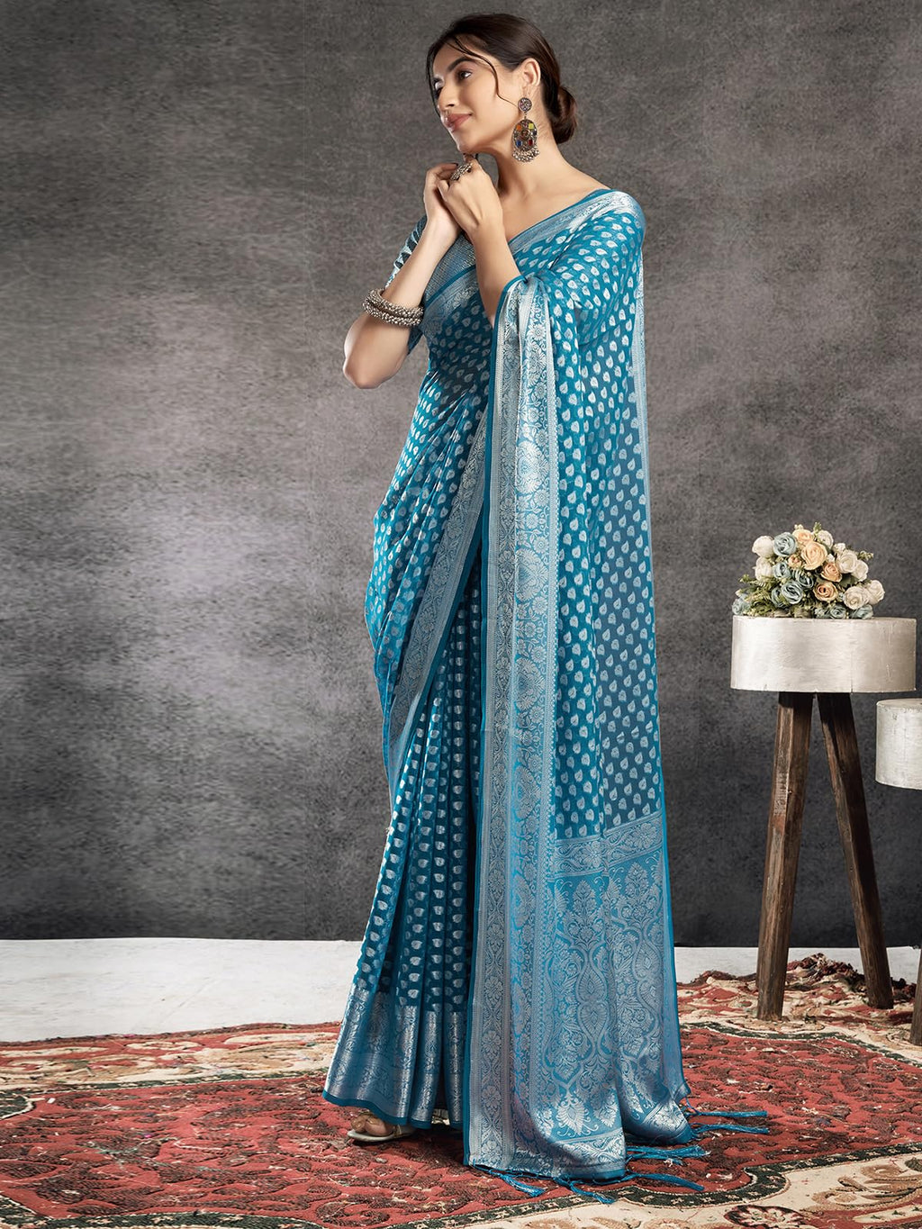 Satrani Womens Georgette Banarasi Jacquard Saree with Unstitched Blouse Piece