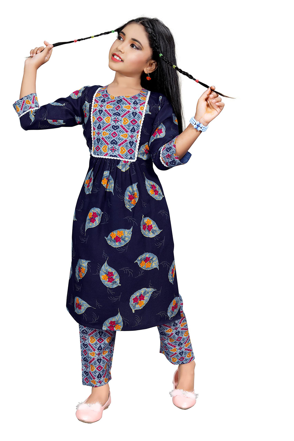 Nainvish Girl'S Cotton Blend Kurta With Pant (Kd03_Kb_Blue_4-6 Year)