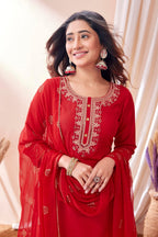 Sanisa Womens Cotton Blend Embroidery Straight Kurta with Pant and Foil Printed Dupatta