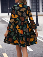 Shasmi GirlS & WomenS Black V-Neck Allover Leaf Print Ruffle Hem Smock Gathered Ruffle Long Sleeve A-Line Midi Dress Full Prin