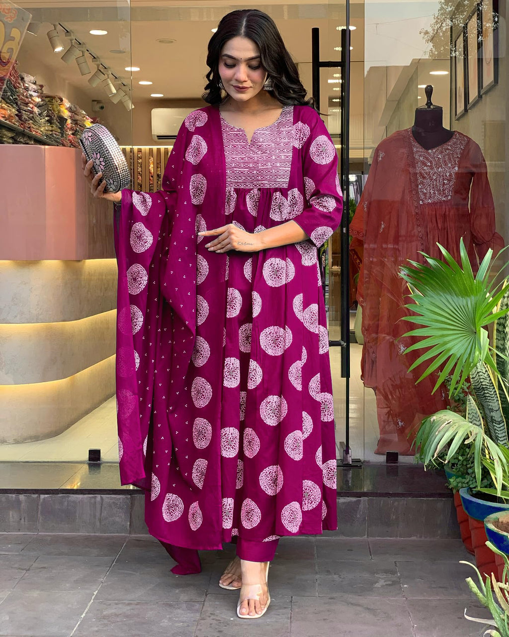 Toochki WomenS Rayon Viscose Anarkali Printed Kurta With Palazzo & Dupatta Dark Pink