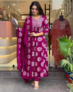 Toochki WomenS Rayon Viscose Anarkali Printed Kurta With Palazzo & Dupatta Dark Pink