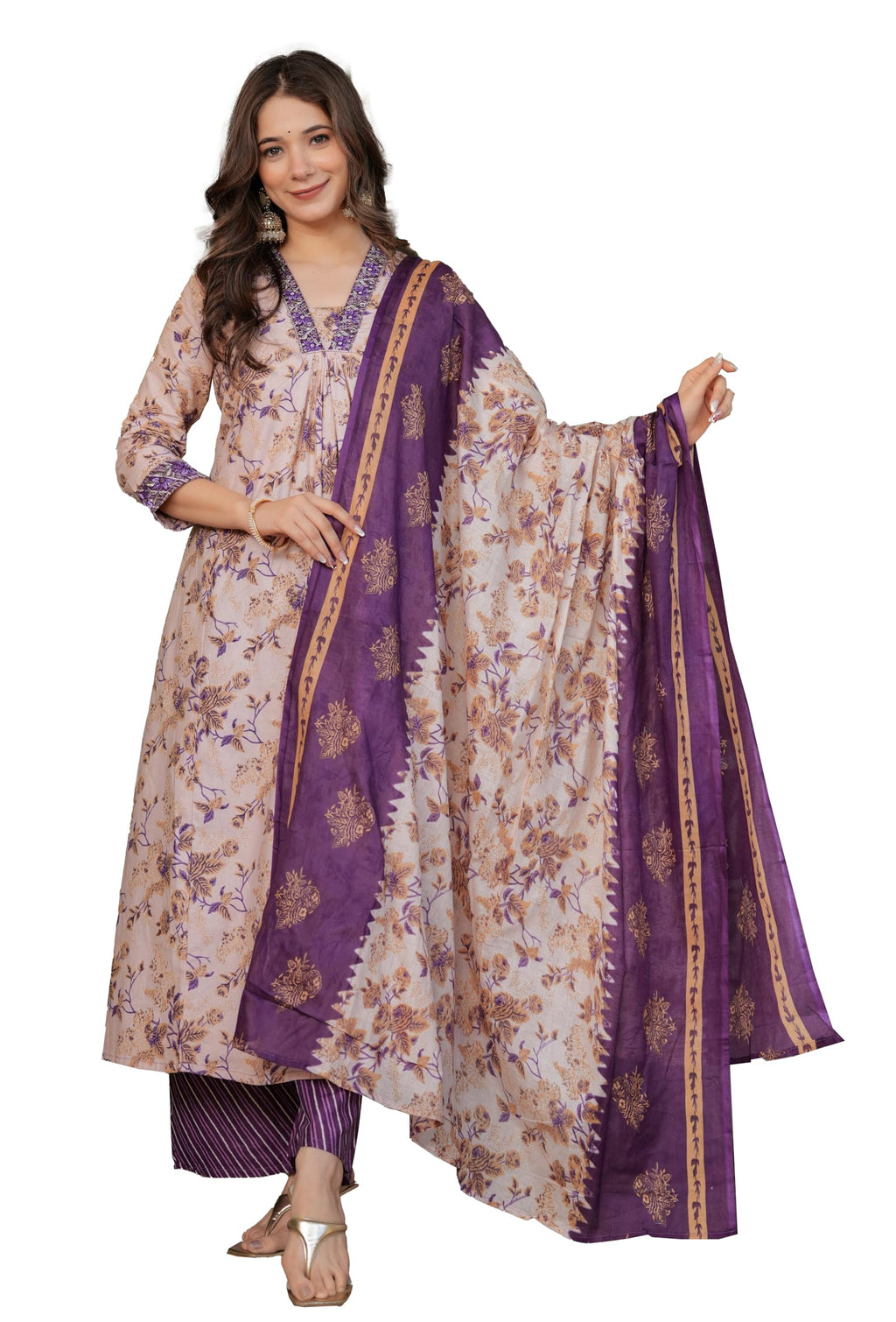 Wedani Women 's Cotton Printed Kurta Set, cream, 44