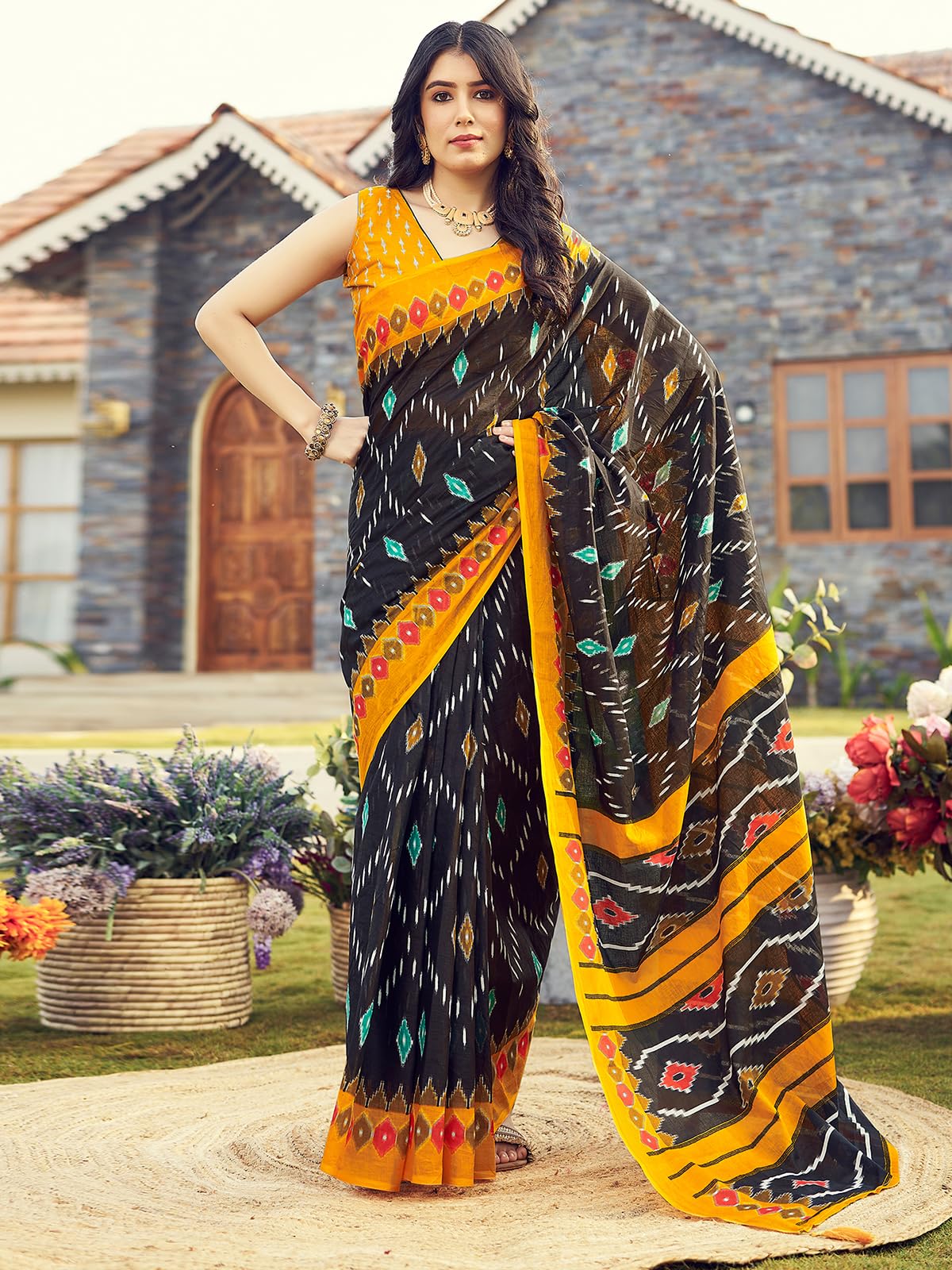 Satrani Womens Cotton Printed Ready To Wear Saree with Unstitched Blouse Piece