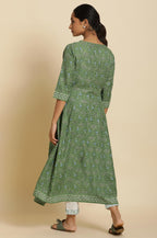 W For Woman Forest Green Printed Panelled Kurta
