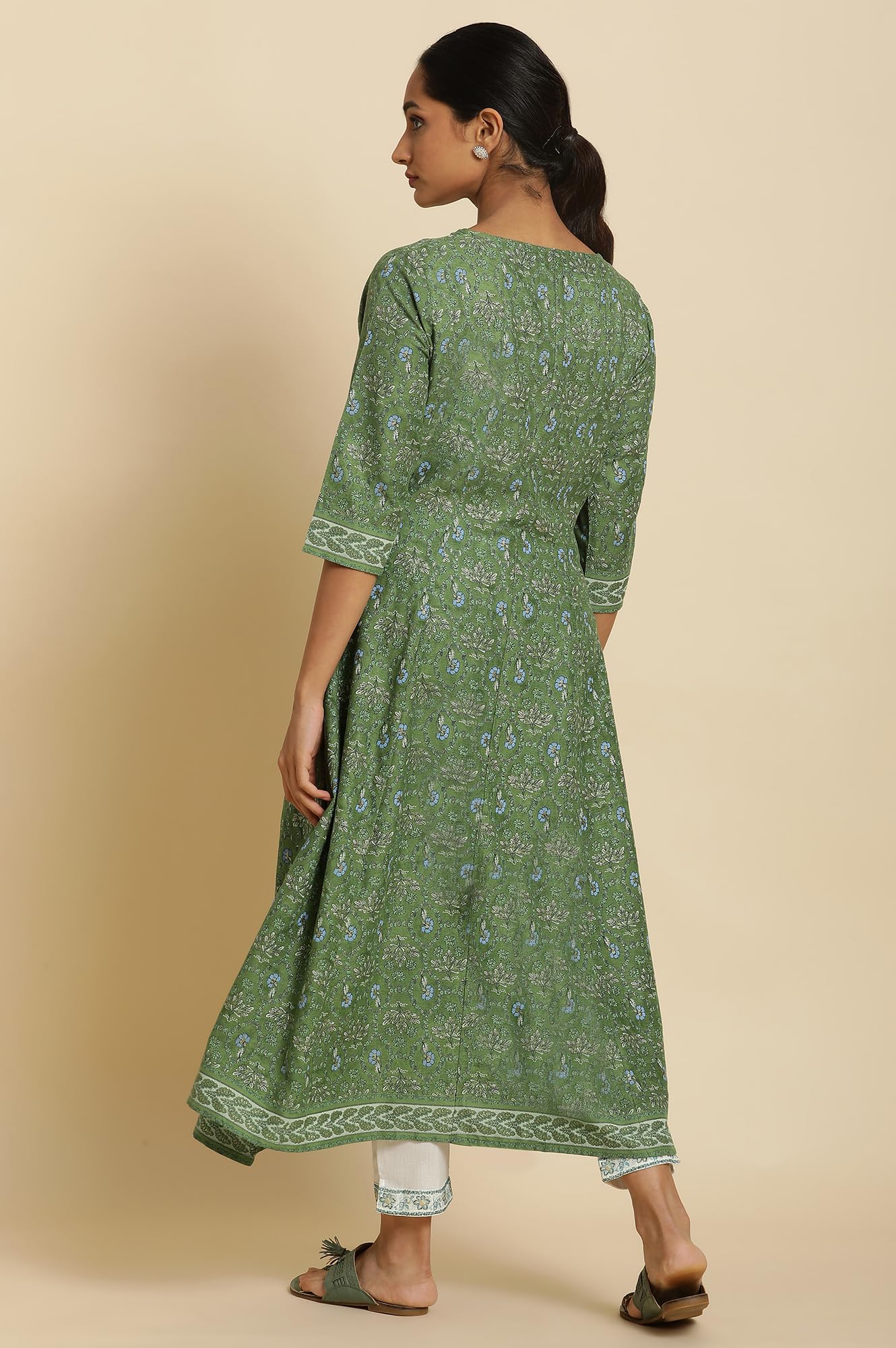 W For Woman Forest Green Printed Panelled Kurta