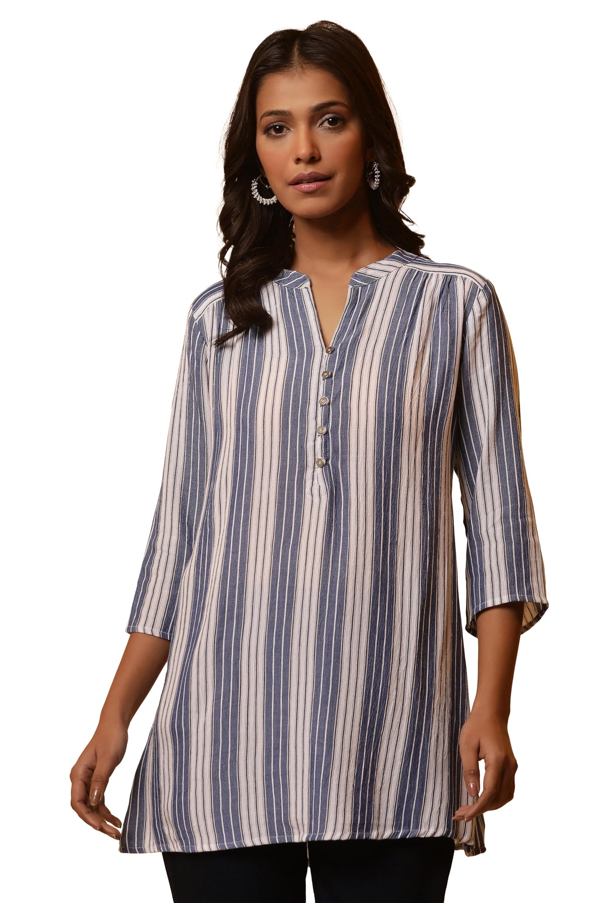 Aurelia Women Blue Striped Rayon Straight Kurti_24FEA30470_S