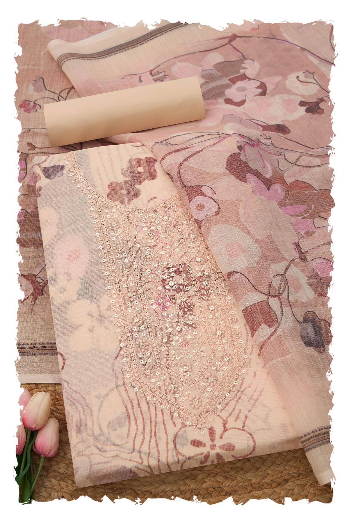 Soch Women Linen Blend Floral Print Unstitch Dress Material with Sequins