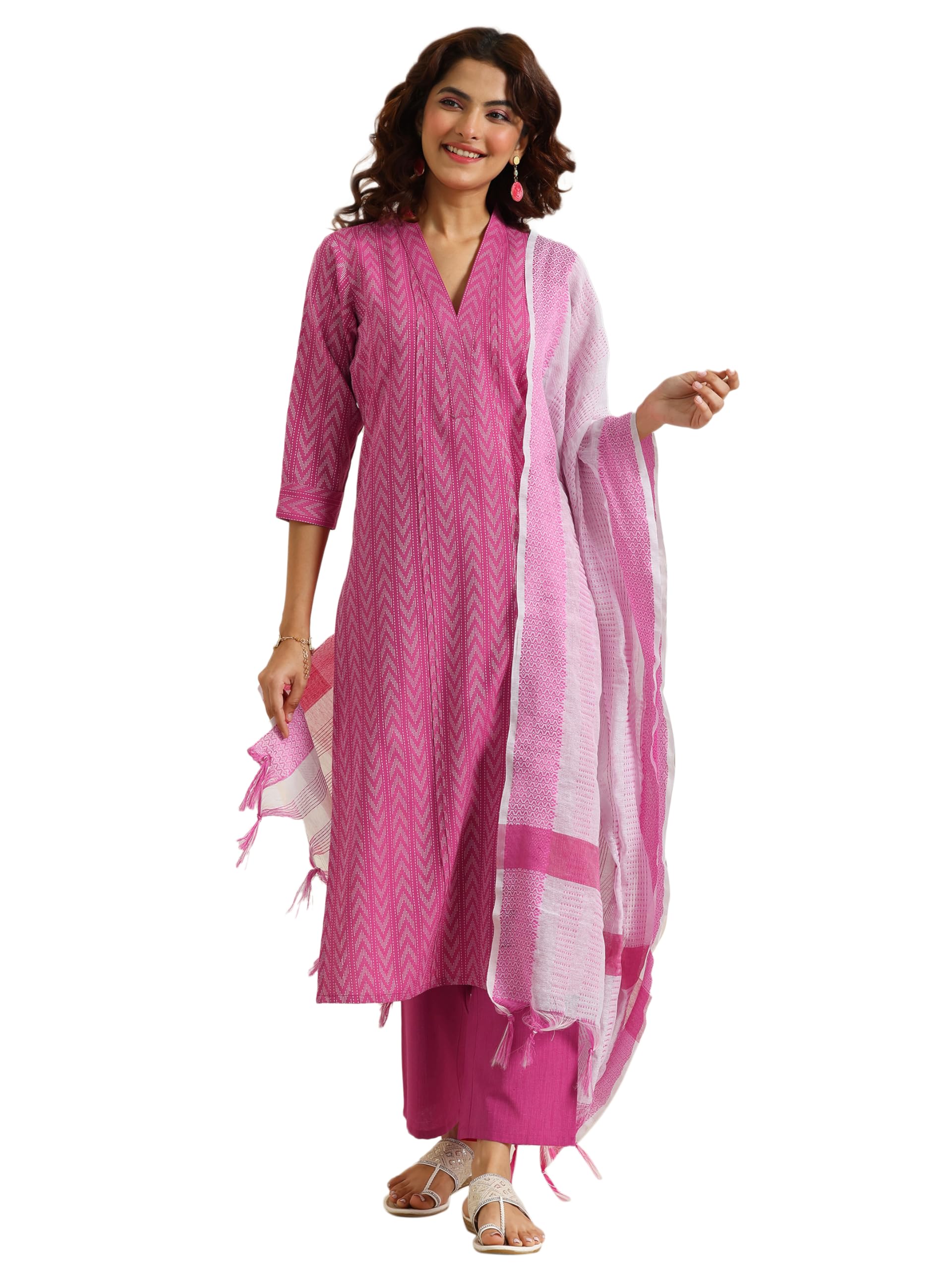 Gerua By Libas Embroidered Cotton Blend Straight Kurta With Trousers and Dupatta